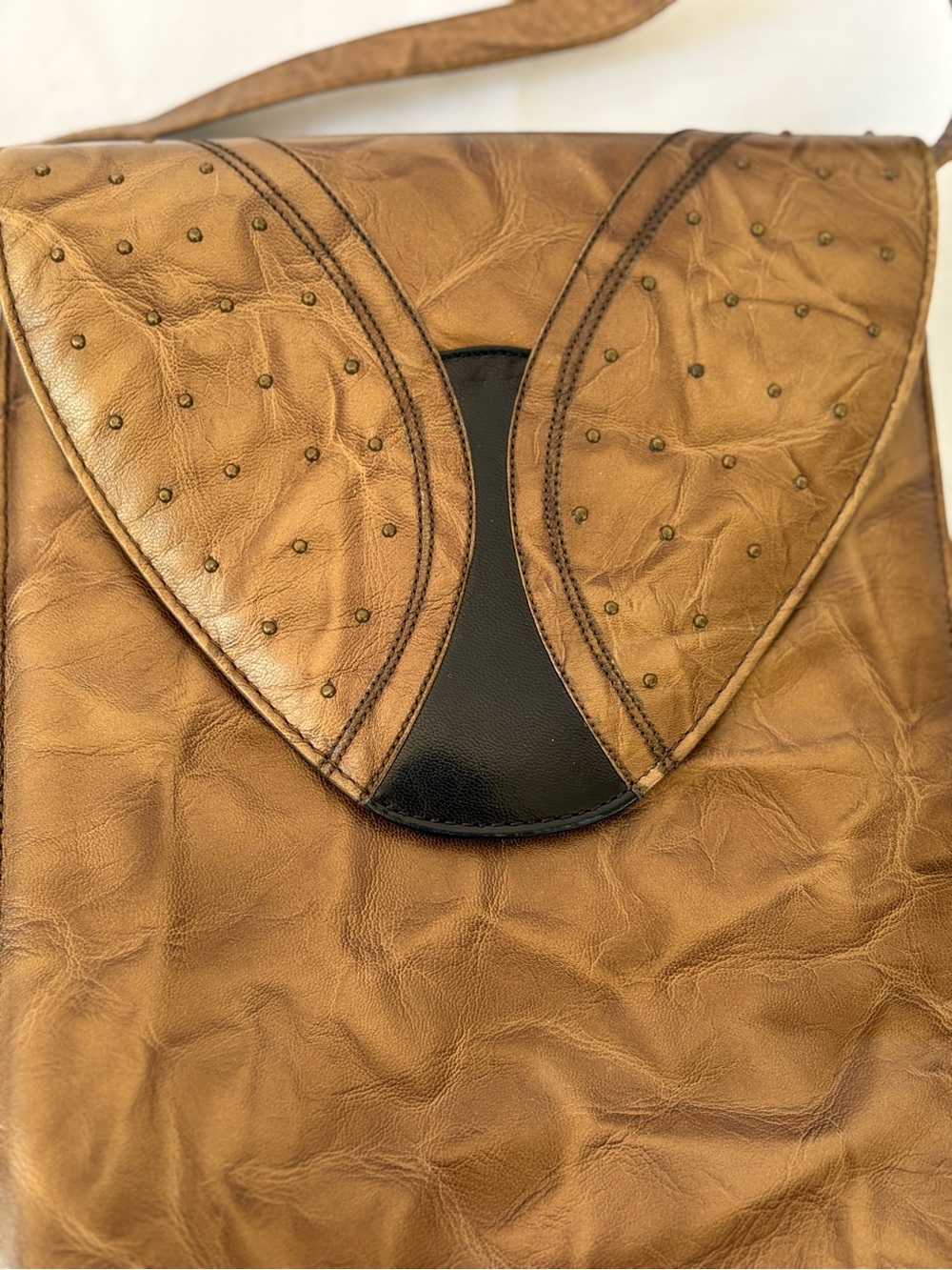 Vintage Margaret J Brown Tan Leather Crossbody Flap Bag Made in Spain Art Deco